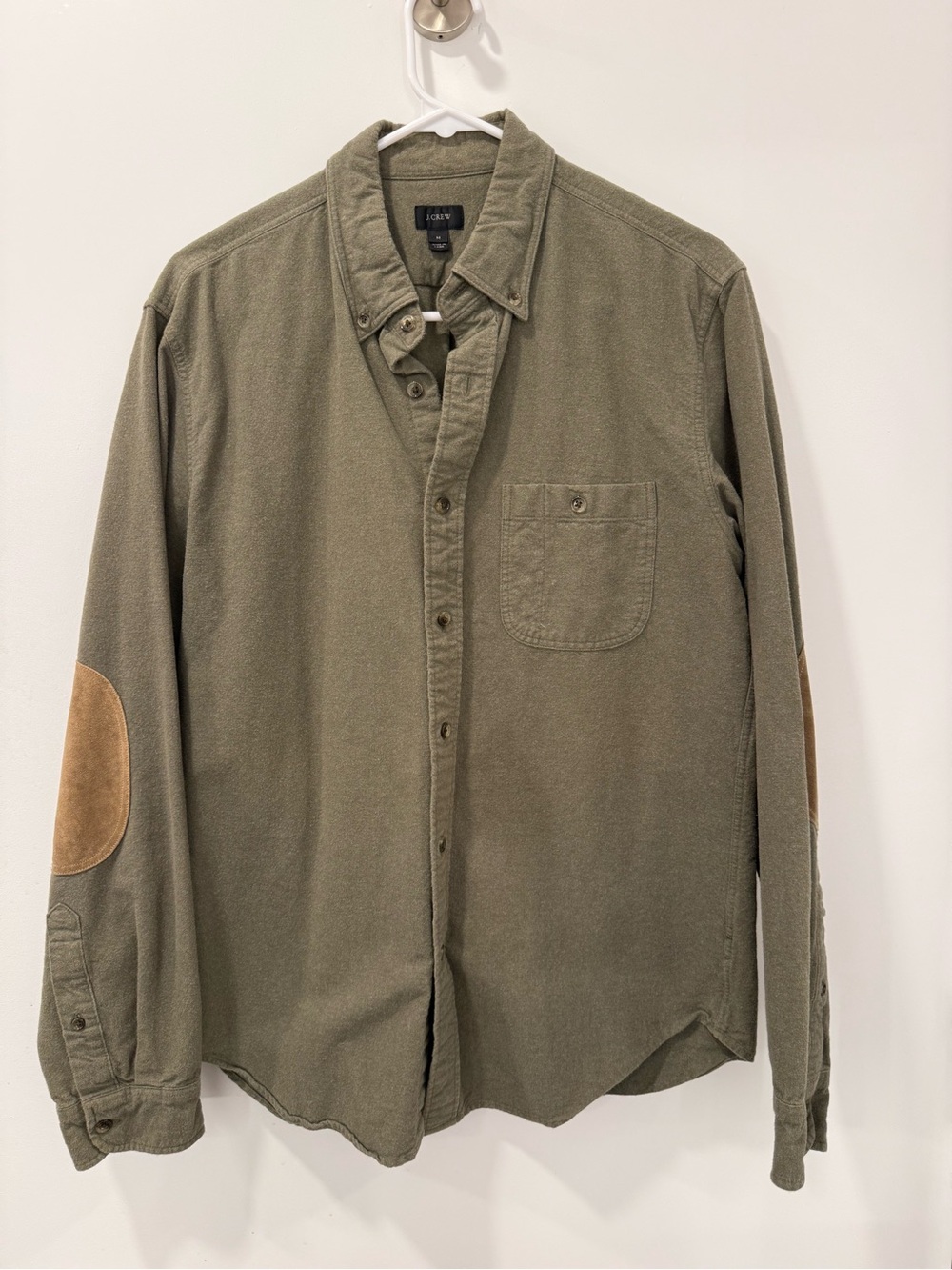 J. Crew Olive Green Button-Down Shirt with Tan Leather Elbow Patches